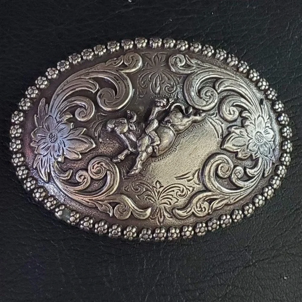 Nocona Bull Rider Belt Buckle Silver Tone Floral Engraved Western Cowboy Rodeo